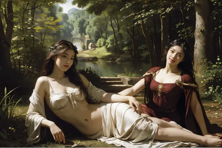 Giorgione painting style,Barbizon forest A beautiful woman in Greek dress smiles on the shore,Sweet and seductive appearance.、Caravaggios paintings、Chiaroscuro of Caravaggio、hair tousled by the wind,Two women frolicking,cute smile, expression of ecstasy,Se...