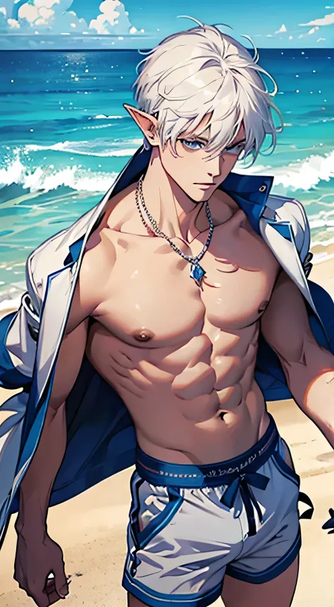 masterpiece, best quality, realistic, a MALE elf, 1man, male focus, tall muscular, short white hair, flying bangs, blue eyes, handsome, gorgeous accessories, portrait,extremely detailed face,water surface, simple beach background, looking at the viewers, n...