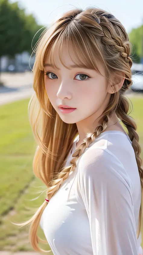 Sexy Big 、Sexy cute looks and cute 15 year old beautiful girl, beautiful and sexy face、A strong wind blows my hair in front of my face、beautiful long blonde French braided hair、beautiful, Cute and sexy eyes hidden behind long bangs、Yawn、