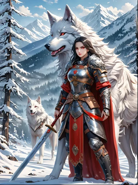 north female warrior，wears a steel breastplate with wolf decoration，lined with wolf leather，lined leather amulet，black long hair...