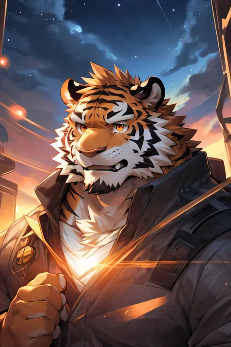 human nature, cannon, male, Solitary, ((Round Face, The face is plump,Orange eyes,A small amount of black beard)), ((Endomorph, Handsome，Handsome)), (White fig leaf，Future Warframe), ((domestic 虎，tiger), (In Abandoned City), Bokeh, (high quality, high reso...