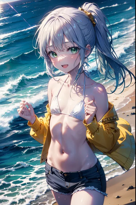 index, index, (Green Eyes:1.5), Silver Hair, Long Hair, (Flat Chest:1.2),happy smile, smile, Open your mouth,White Bikini Swimsuit,Short denim,barefoot,barefoot,ponytail,
壊す looking at viewer, whole body,(Cowboy Shot:1. 5)
Destroy outdoors, Sandy Beach,bea...