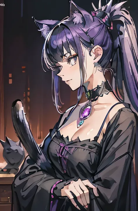 4k,8k.high resolution,high resolution,high quality,Adult women,,Monster Hunter,Purple Hair,Cat ear,Black cat,Gothic Lolita,ponytail,whole body,witch,whole bodyが映るように,Silver pendants,,,,