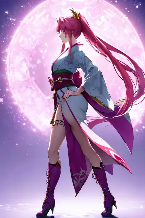 lacus4, (Elegant girl from Fate/Zero Anime Game Show - Season 2, long pink hair tied in a high ponytail with a diadem, sharp features, piercing emerald eyes, intricate kimono dress with flowers and dragons, open chest showing a detailed, vibrant obi with i...