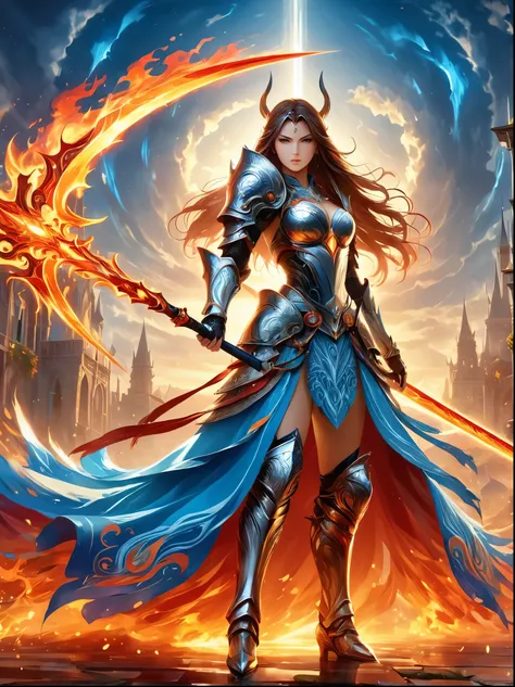 Depict an intense and thrilling high fantasy scene. In the center, envision an intrepid female warrior, clad in ornate silver armor reflecting the dying light of the setting sun. Her face is a mask of fierce determination and her eyes glow with an azure li...