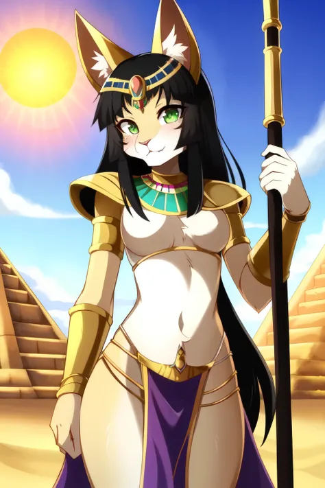 Solo, female, standing, fierce, Sekhmet (Egyptian goddess with lioness features - snout, big cat ears, and pink-tinged fur), nsfw by Neptune Kuromaru and Sakura - S2, forehead adorned with the solar disc and cobra, revealing golden chest plate armor, scara...