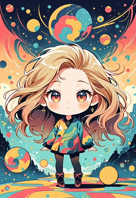 Watase Seizo style, Standing in front of a high wall，Simple Line Initialism，Abstract art，galactic universe Background, (((The most beautiful girl))), (((chibi)))