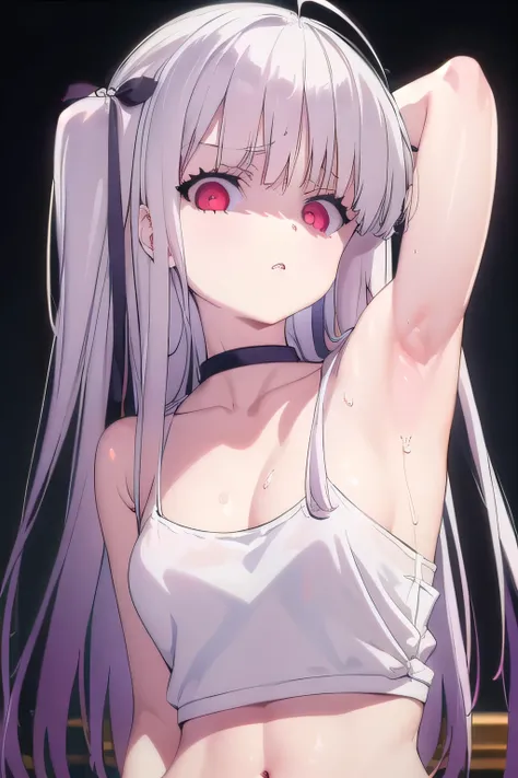 masterpiece, best quality, ultra-high-detailed, disgusted face, white hair, red eyes, sigtuna julie , small chest , looking to v...