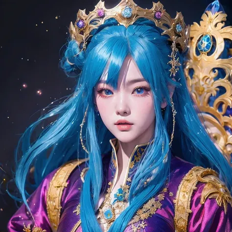 18 years old with blue hair wearing a gold crown and a blue wig, fantasy art style, ((a beautiful fantasy empress)), a beautiful...