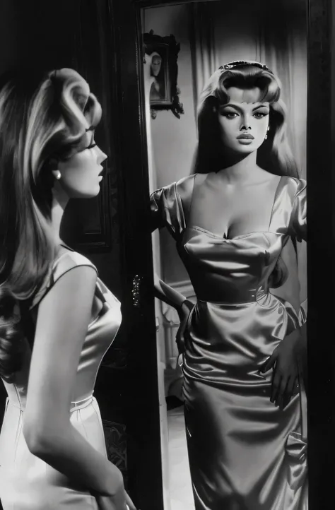 A black and white photo of a woman looking in the mirror, Brigitte Bardot, young Sophia Loren, author：Stan Galli, scene from supply, Sophia Loren, author：Peter Bash, Young Arab Monica Bellucci, from a movie scene, retro movie shoot, photo of Sophia Loren, ...