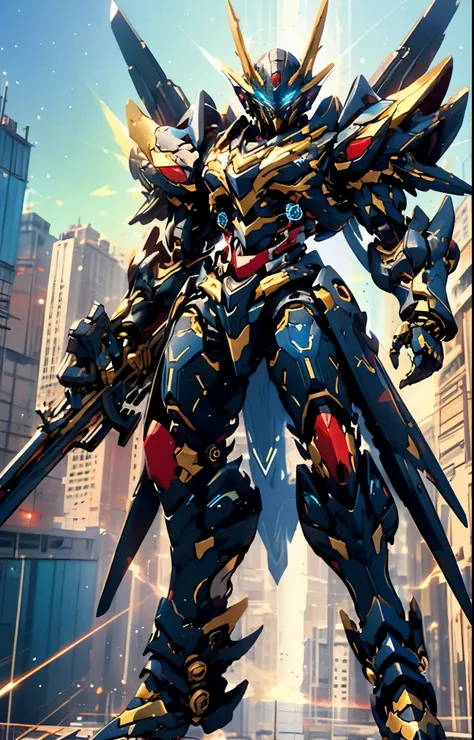 Humanoid Mecha, fully enclosed shoulder guards, matching arm and leg guards, full body, full armor, super robot, the design balances heavy with agility, (the color scheme is primarily white with red and blue accents, the concept Inspired by super robot, ar...