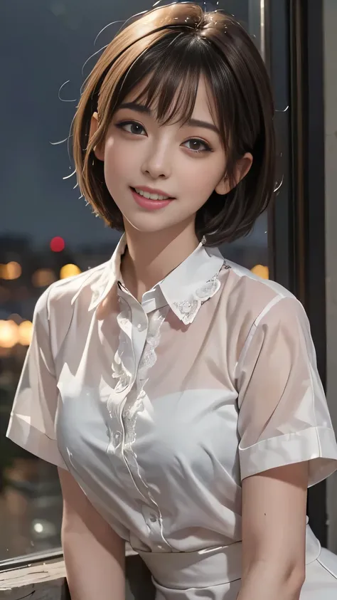 (8k, highest quality, masterpiece: 1.2), (Realistic, Realistic: 1.3), Very detailed, 1 girl, Mid-chest, Beautifully detailed skies, Detailed Cafe, night, (blush), (smile: 1.15), (Mouth closed), (Collared shirt: 1.1), night, Wet, Office Clothes, rain, Whit...