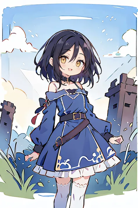 hui xiyi, rekkyo sensen, black hair, fantasy world, ruins, fort, beautiful sky, shining sky, sunshine, camisoles, belts, blue clothes, cross choker, wind blowing dress, lace dress, off-shoulder sleeves, white legwear, forehead, medium hair