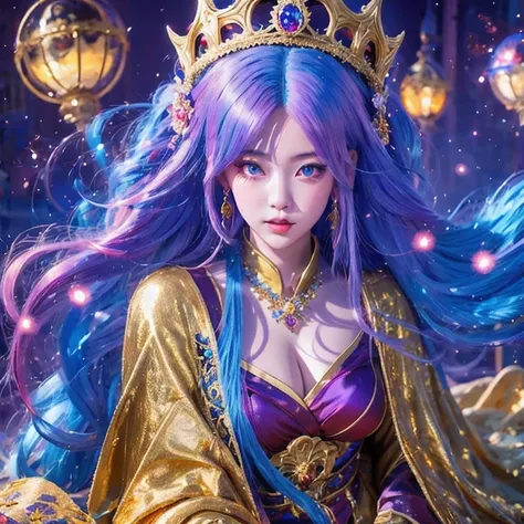 18 years old with blue hair wearing a gold crown and a blue wig, fantasy art style, ((a beautiful fantasy empress)), a beautiful...