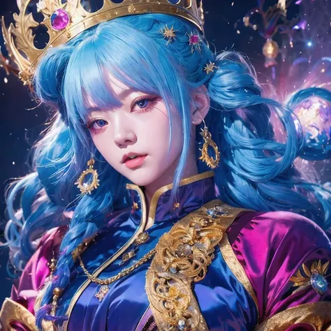 18 years old with blue hair wearing a gold crown and a blue wig, fantasy art style, ((a beautiful fantasy empress)), a beautiful...