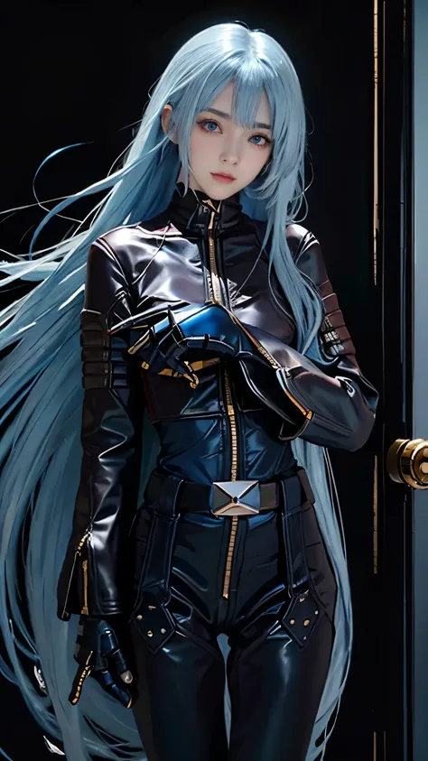 improve hand with 5 well defined fingers, has black gloves,  long hair, mysterious eyes, Shiny mysterious light blue hair, mysterious eyes, shining pupils, 15 year old girl, small smile, shining sky blue eyes, Japanese cityscape
