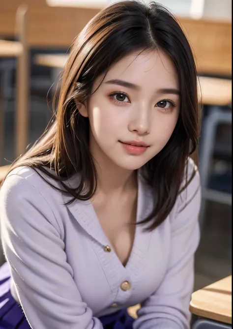 a beautiful cute and sweet 18 year old Korean college student girl in a classroom, standing with an above knee length light purple uniform, intricate detailed face, beautiful eyes, nose, lips, long eyelashes, elegant posture, ambient lighting, photorealist...