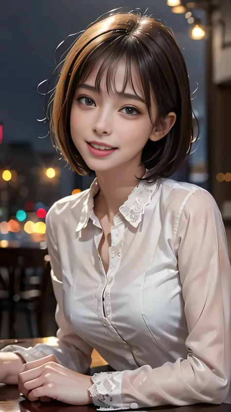 (8k, highest quality, masterpiece: 1.2), (Realistic, Realistic: 1.3), Very detailed, 1 girl, Mid-chest, Beautifully detailed skies, Detailed Cafe, night, (blush), (smile: 1.15), (Mouth closed), (Collared shirt: 1.1), night, Wet, Office Clothes, rain, Whit...