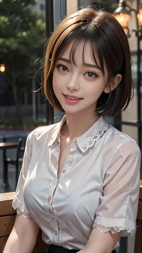 (8k, highest quality, masterpiece: 1.2), (Realistic, Realistic: 1.3), Very detailed, 1 girl, Mid-chest, Beautifully detailed skies, Detailed Cafe, night, (blush), (smile: 1.15), (Mouth closed), (Collared shirt: 1.1), night, Wet, Office Clothes, rain, Whit...