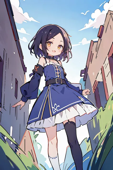 (masterpiece, best quality, ultra-detailed, illustration), hui xiyi, rekkyo sensen, black hair, fantasy world, ruins, fort, beautiful sky, shining sky, sunshine, camisoles, belts, blue clothes, cross, choker, wind blowing dress, lace dress, off-shoulder sl...