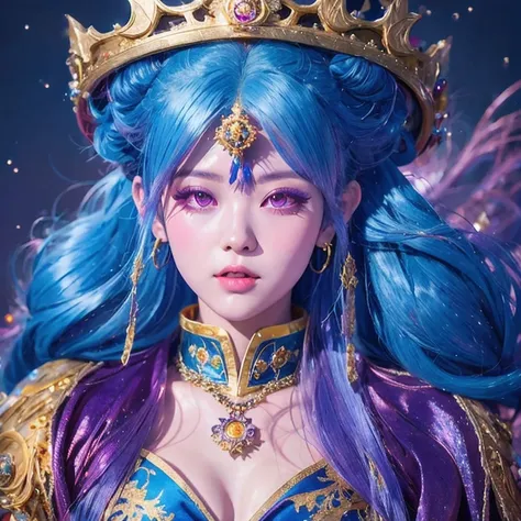 18 years old with blue hair wearing a gold crown and a blue wig, fantasy art style, ((a beautiful fantasy empress)), a beautiful...