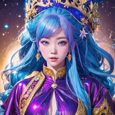 18 years old with blue hair wearing a gold crown and a blue wig, fantasy art style, ((a beautiful fantasy empress)), a beautiful...