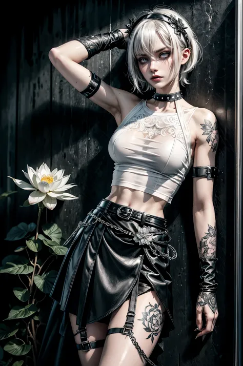 (Detailed illustrations, Very detailed and detailed drawing, Delicate lines with slow and rapid, Realistic texture expression), One woman with very short white hair with black tips, ( emo hairstyle, ), goth, pale white skin, evil smirk, (girls bedroom back...