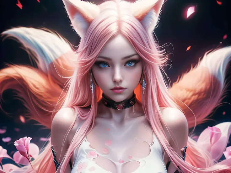 (Best Quality, 8K, Masterpiece, HDR, Soft Lighting, Picture Perfect, Realistic, Vivid), Nine tails of snow white fox(1.0), milk fox tail(1.0), nine tailed fox, anime girl with pink hair and pink, dressed in sexy leather suit, beautiful fantasy anime, very ...