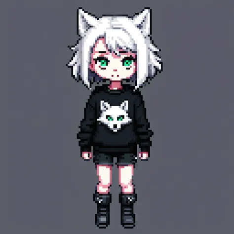 A 12-year-old , female, with white skin (the color is white), black sweater, black boots and black wool shorts.  wolf cut hair and her eyes are the same as Frisk from Undertale.  whole body pixel or cartoon style