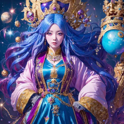 18 years old with blue hair wearing a gold crown and a blue wig, fantasy art style, ((a beautiful fantasy empress)), a beautiful...