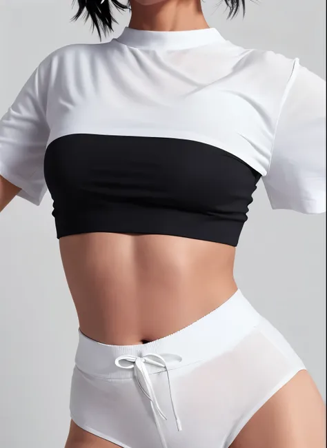 a woman in a white Crop top and black shorts, Tied shirt, Crop top, Ripped cropped t-shirt, physically : The smallest belly ever, White top, セクシーなCrop topを着て, wearing Crop top, Crop top, Wearing crop topss, Wearing crop tops, wearing a Crop top, Tight shir...