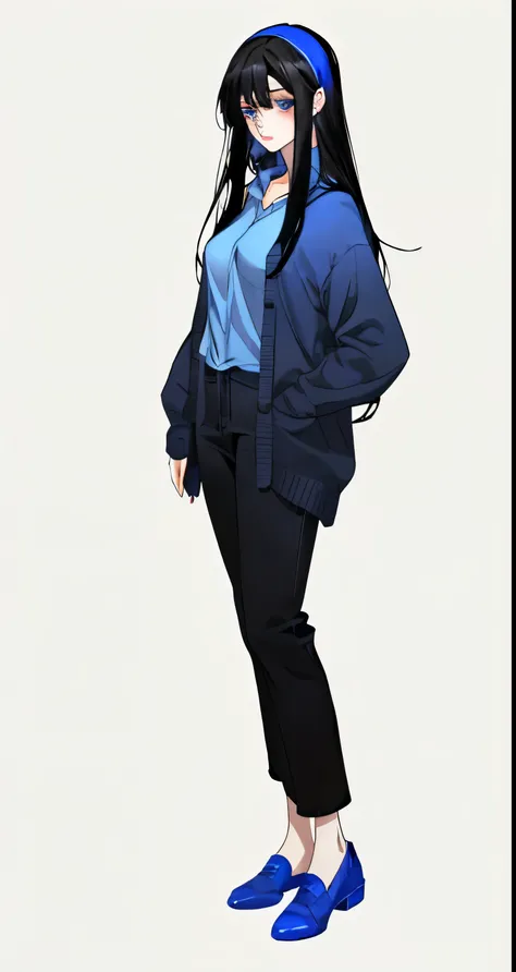 Adult women、1 Girl、Blue headband、long black hair with a bluish tint、Blue Eyes、cardigan、Blue clothes、whole body、White background