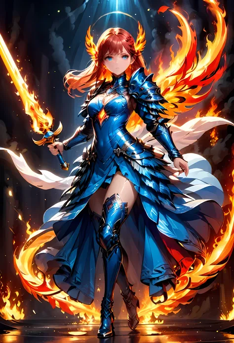 16k, ultra detailed, masterpiece, best quality, (extremely detailed), arafed, dnd art, panoramic view, full body, aasimar, female, (Masterpiece, intense details:1.3), female, divine warrior, holding ((flaming blade: 1.5)) (Masterpiece, intense details:1.3)...