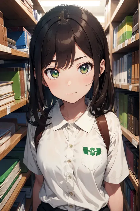 A male brown hair with green eyes student wearing a UA uniform from my hero academia inside the library of UA highschool. He is very cute, the library is full of students.