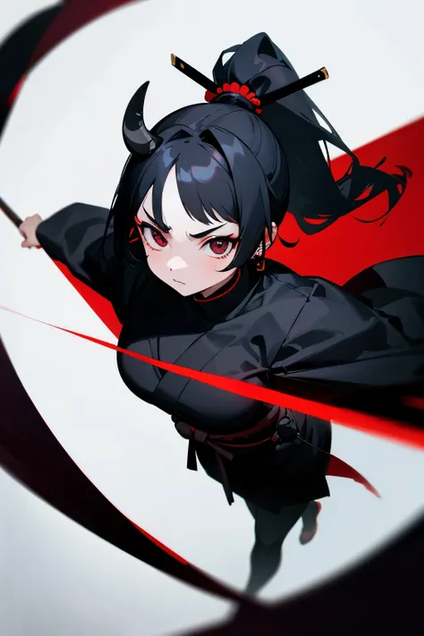 Samurai girl, ponytail, black hair like a shadow. There is a space black samurai sword, a black and gray outfit, a giant demon mask, a , and red and black eyes.