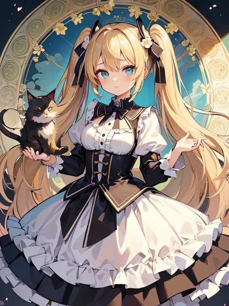 (masterpiece、highest quality、highest quality、Official Art、Beautiful and beautiful:1.2)、(One girl:1.3)Hatsune Miku、Twin tails,Beautiful breasts,Blonde girl in lolita clothes，Holding a tsundere black cat，Floral frame，Decorative panel，Abstract art，Alphonse Mu...