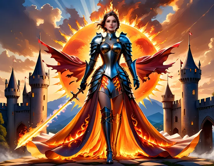 16k, ultra detailed, masterpiece, best quality, (extremely detailed), arafed, dnd art, panoramic view, full body, a lady knight standing on the all of the castle as the sun rises, you see only the silhouette of knight, sky are switching day and knight, the...