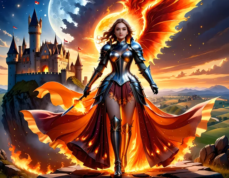 16k, ultra detailed, masterpiece, best quality, (extremely detailed), arafed, dnd art, panoramic view, full body, a lady knight standing on the all of the castle as the sun rises, you see only the silhouette of knight, sky are switching day and knight, the...