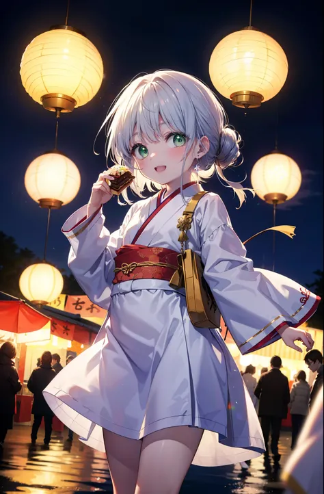 index, index, (Green Eyes:1.5), Silver Hair, Long Hair, (Flat Chest:1.2),smile,blush,Happy atmosphere,Open your mouth,hair tied back,White clothing,Long sleeve,mini skirt,Sandals,night空の花火,Fireworks display,Japanese Festivals,Summer festival food stalls,Re...