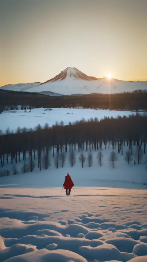 a snow covered field with a mountain in the background,unsplash photography,sunset panorama,anamorphic 24 mm lens,alex kiesling,...