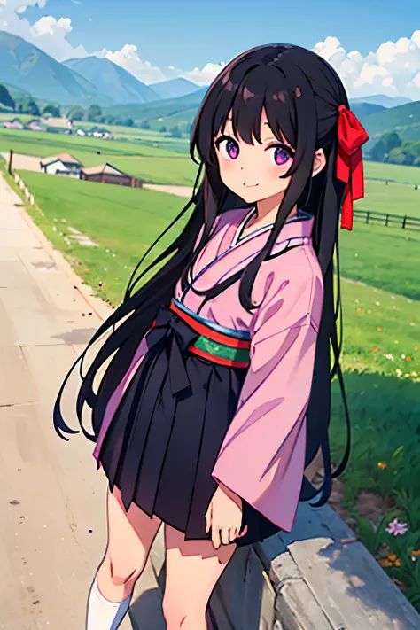 Elementary school girl, 8 years old, flat chest, black hair, long hair　Ribbon on head　Ms. Haikara　 Purple eyes smile（one person） Upper body: Taisho period kimono　Lower body: Hakama from the Taisho period　White panties（（I can see her panties））White socks　Br...