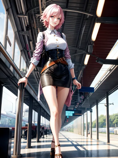 Beautiful tall woman with short pink hair in a train station