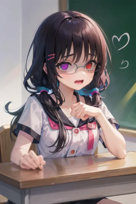 (Tabletop:1.0), (highest quality:1.4), (High resolution:1.2), From the side,Sharp contours,  boyish, highest quality, masterpiece,Glasses,Voice of the Heart,yandere,Browsing Caution,classroom,nude,facial,Excessive ,Chest to chest,Upper Body,Ecstasy,saliva,...