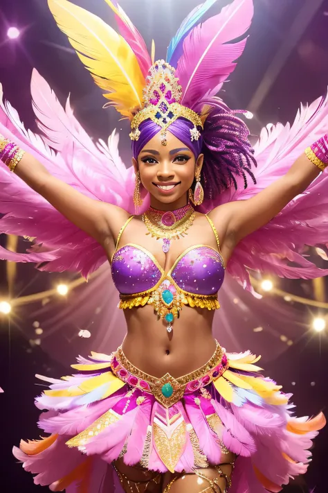 carnival dancer, with feathers and feathers on her head and a lot on her back, pink, yellow and lilac colors, lots of jewelry and glitter, friendly and happy face, view of almost complete body in a dance pose