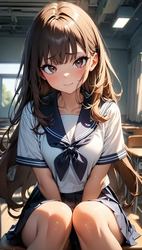 (highest quality:1.2, Very detailed, Latest, Vibrant, Ultra-high resolution, High Contrast, masterpiece:1.2, highest quality, Best aesthetics), (((1 girl))), Brown haired girl, Brown eyes, Shy blush, Sailor suit, Pleated skirt, Hands behind head, Sit down,...