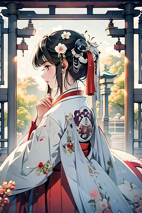 Shrine maiden、profile、（Beautiful woman、Perfect Fingers、Perfect legs、High resolution）、torii、shrine