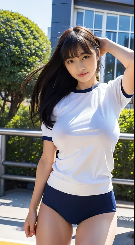 Head to knee portrait、alone、high school girl、White skin、Natural Makeup、Black Hair、bangs、Straight Long Hair、((School-designated gym clothes))、((White short-sleeved gym uniform for the upper body))、((Long white gym clothes))、(((Very tight bloomers)))、(((Low-...