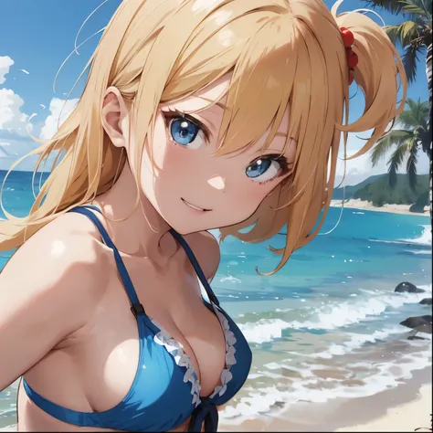 Blonde girl drawn in high definition Japanese anime style、whole body、Women in blue bikinis taking photos on a deserted beach, Bikini Model, , A young and cute gravure idol, Posing together in bras, Russian and Japanese mix, sakimichan, Asian woman, Wear a ...