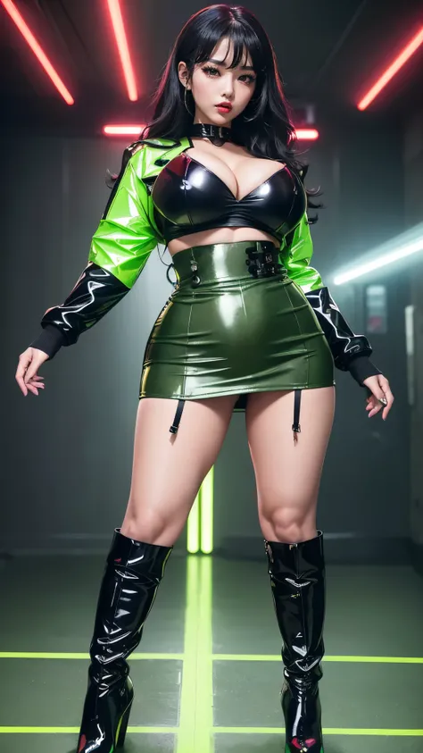 korean idol　mature woman　black wavy hair with bangs　Big breasts close together and cleavage　black eyeshadow　smoky makeup　Dirty makeup　((bright red plump lips))　((A neon cyberpunk city))　((Green khaki enamel military uniform tight mini skirt))　((Super shiny...