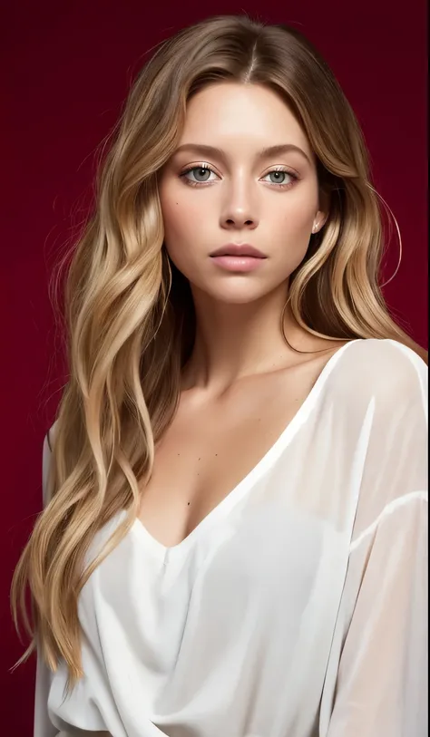 a woman with long hair and a white shirt posing for a picture, Portrait of Sophie Mudd, Brunette with dyed blonde hair, Jodi Bateman, Sydney Sweeney, Daniela Uurig, No makeup, wavy hair, nodded, Ellie Victoria Gale, Bernardini&#39;s Olivia, Sidney Hanson, ...